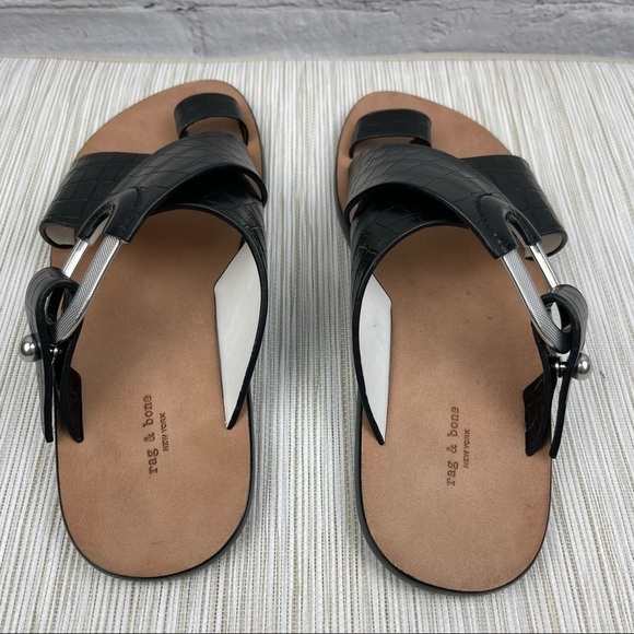 NEW Rag & Bone August Croc Embossed Leather Slide Sandals In Black - Picture 5 of 13